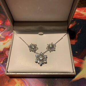 Silver Necklace Crystal Pendant and Earrings Set